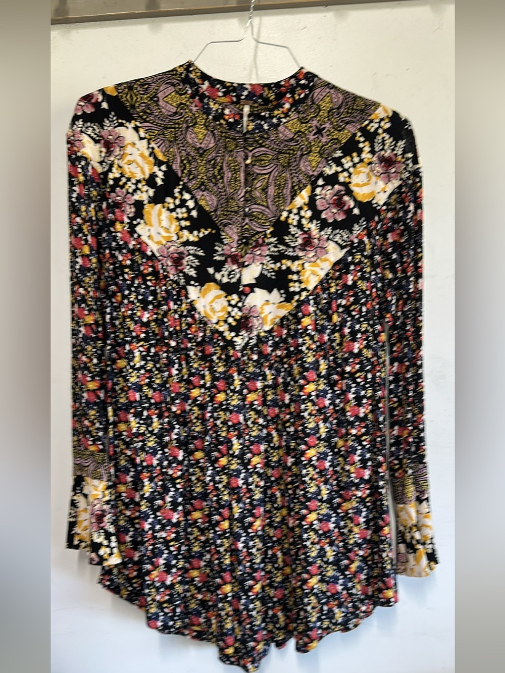 Free People Floral Mixed-Print Long Sleeve Top in Black, Yellow, Pink